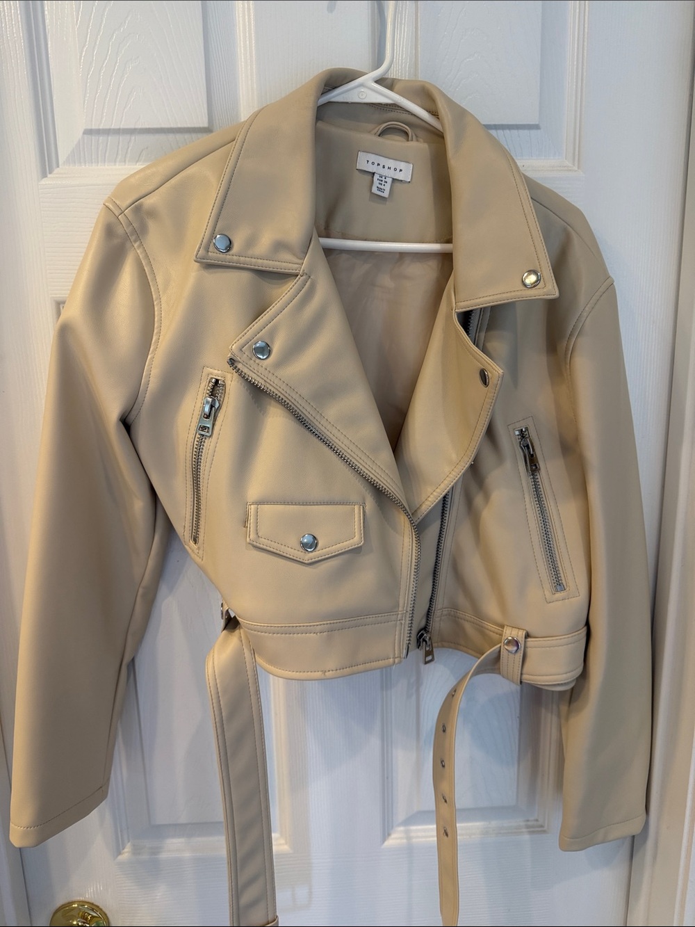 Topshop Cream Cropped Faux-Leather Moto Jacket